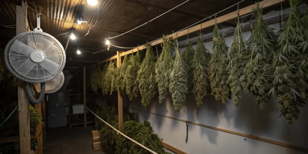 Sleepy Joe cannabis branches drying indoors with fans for airflow control