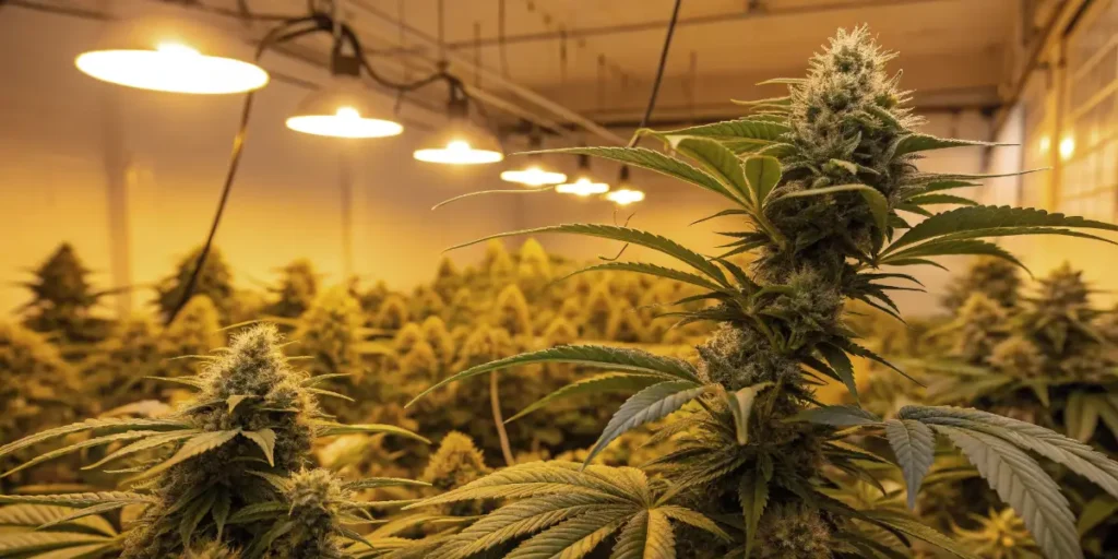 Sleepy Joe cannabis plants in flowering stage with dense buds under indoor lights