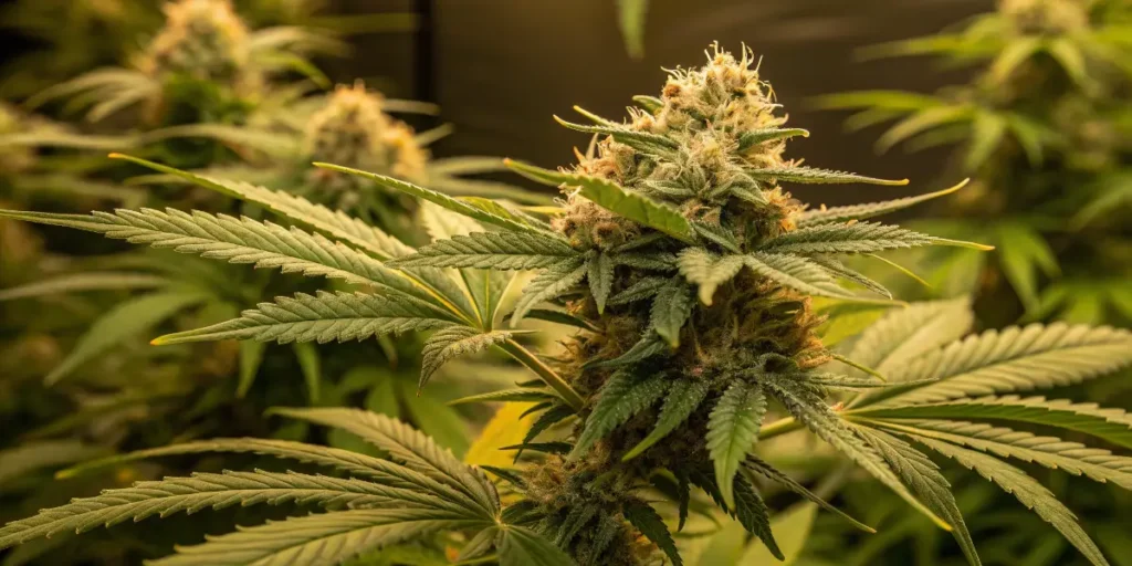 SLH x GMO cannabis plant with dense resinous buds in flowering stage indoors