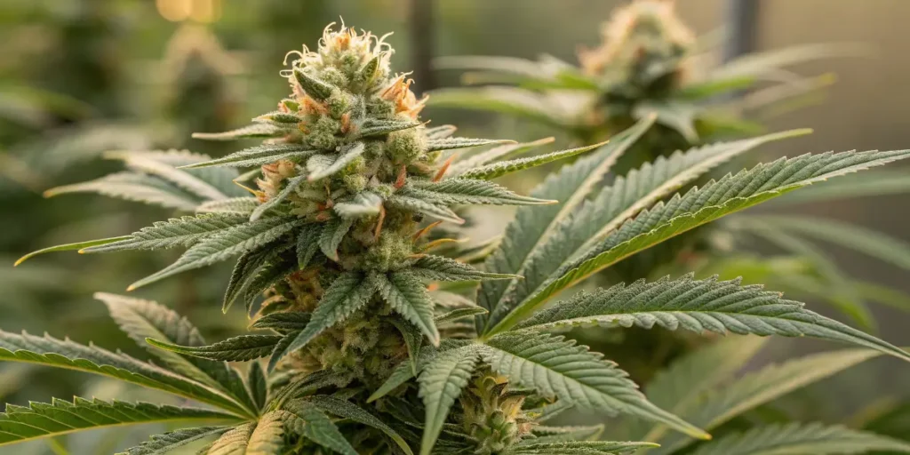 SLH x GMO hybrid cannabis with thick colas and trichome-covered buds under indoor lighting