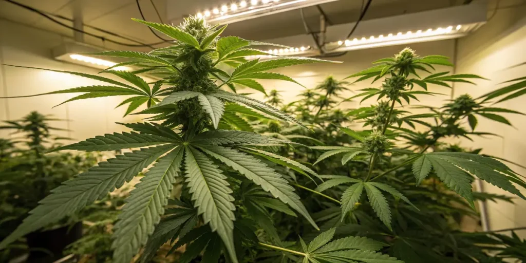 SLH x GMO cannabis plant in vegetative stage showing vigorous growth under LED lights