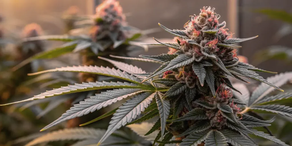 Smoothie Auto cannabis plant with dense buds and colorful orange and pink pistils