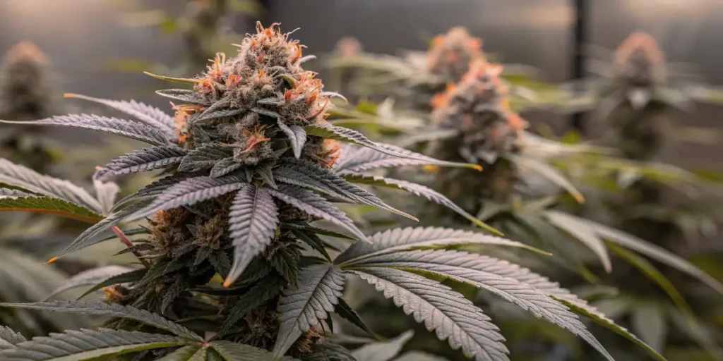 Smoothie Auto cannabis strain flowering indoors with resin-covered colas