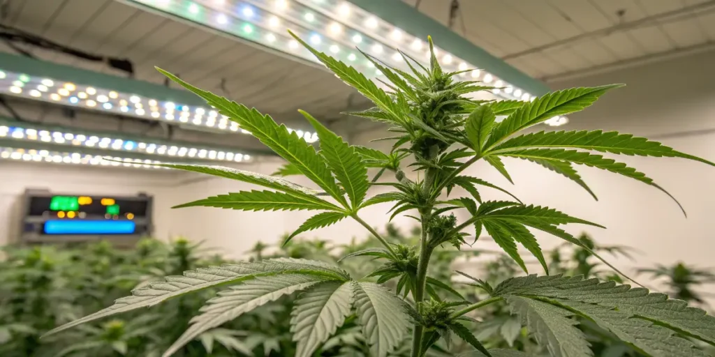 Smoothie Auto cannabis plant growing indoors with compact structure under LED lights
