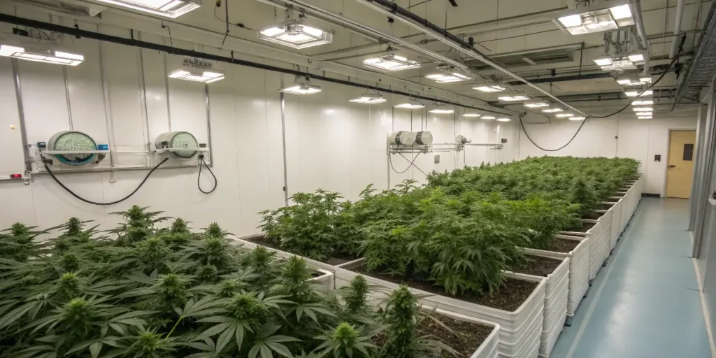 Snoop Dogg OG plants cultivated in indoor grow beds under controlled lighting conditions