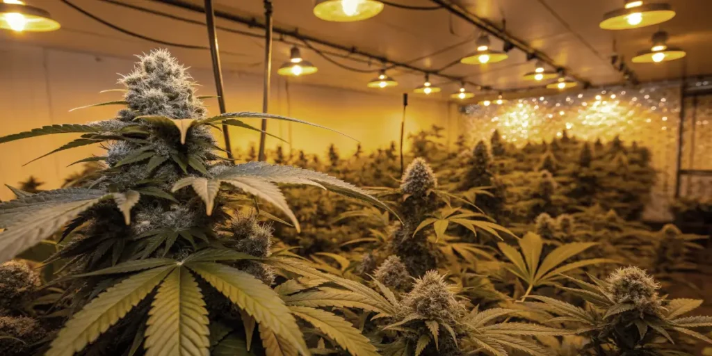 Mature SnowBud buds developing under controlled indoor lighting environment