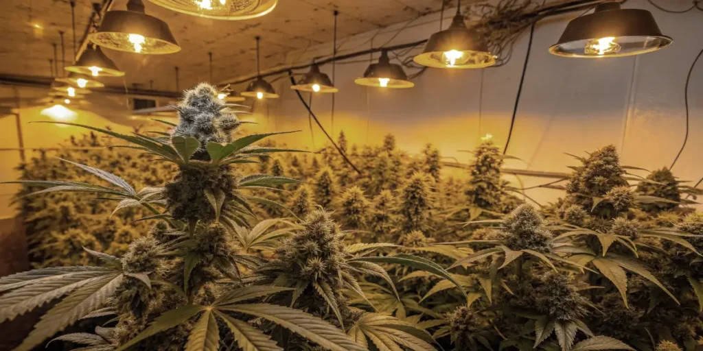 SnowBud flowering plants under warm indoor grow lights in a dense cultivation setup