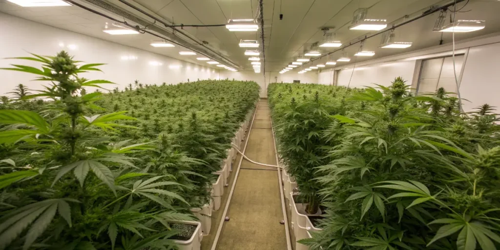 SnowBud plants in vegetative stage growing in a large-scale indoor facility