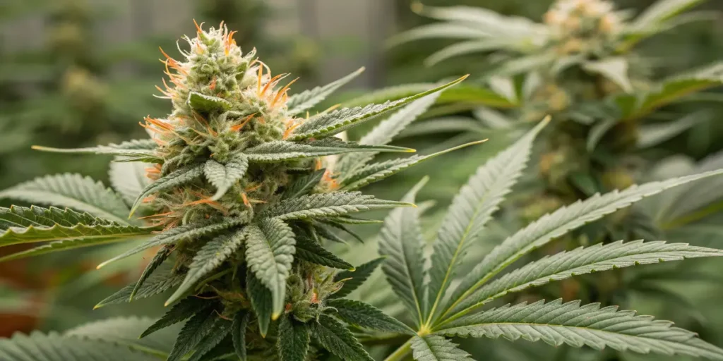 Somango XL cannabis bud with dense trichomes and orange pistils in flowering stage