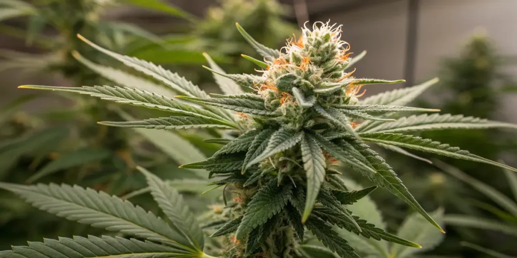 Somango XL top cola with resin-rich buds and sharp green leaves indoors