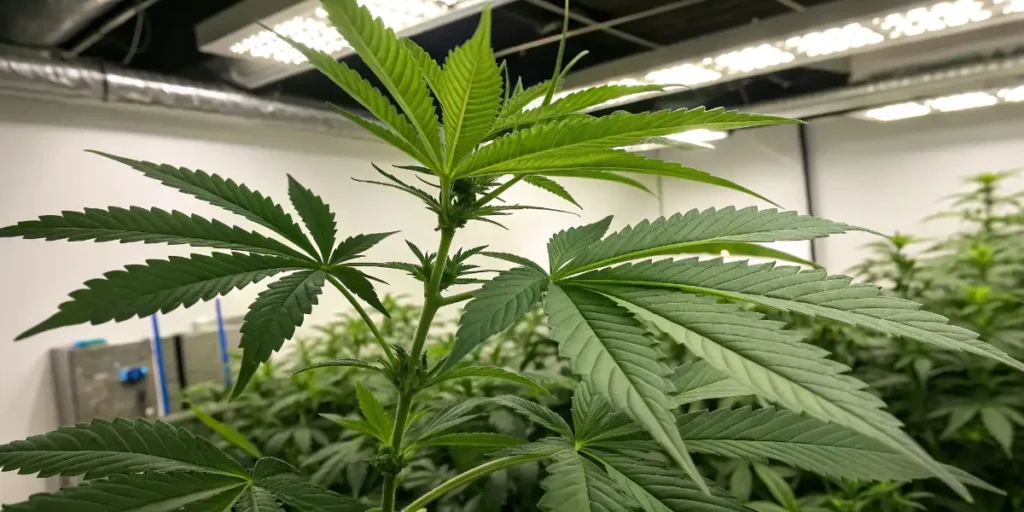 Somango XL plant in vegetative stage under LED lights with wide green leaves
Description: