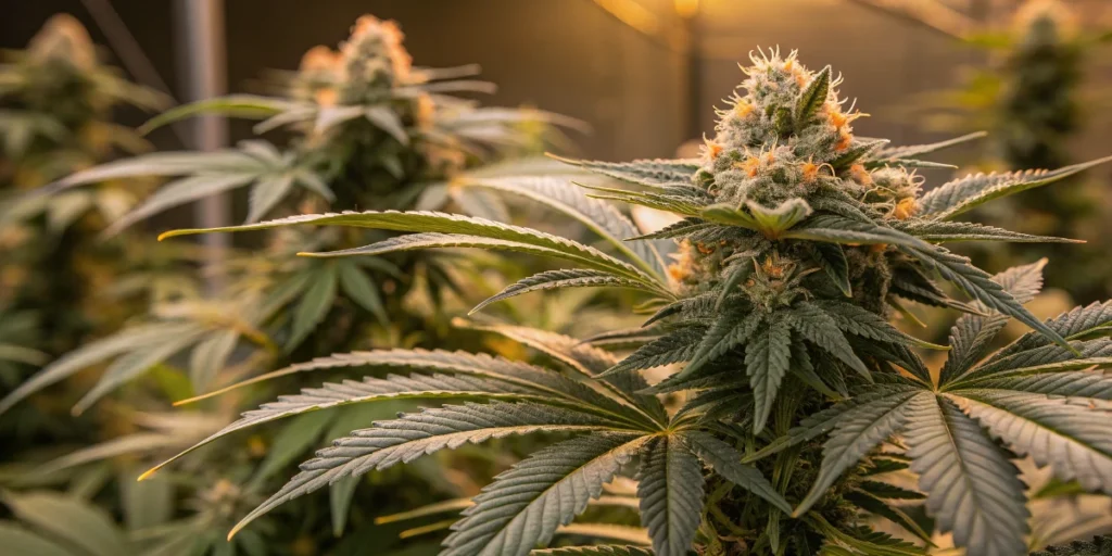 Sour Diesel Auto plants in vegetative stage under LED grow lights
