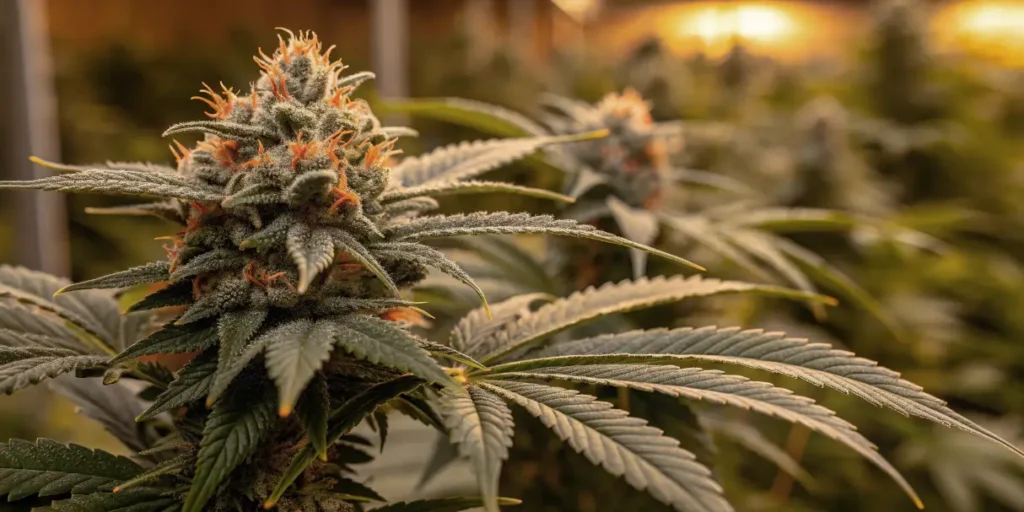 Sour Diesel flowering bud with dense trichomes under warm indoor grow lighting