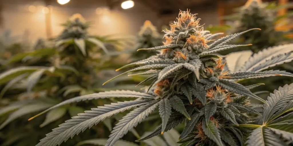 Resin-rich Sour Diesel buds developing in a controlled indoor cultivation environment