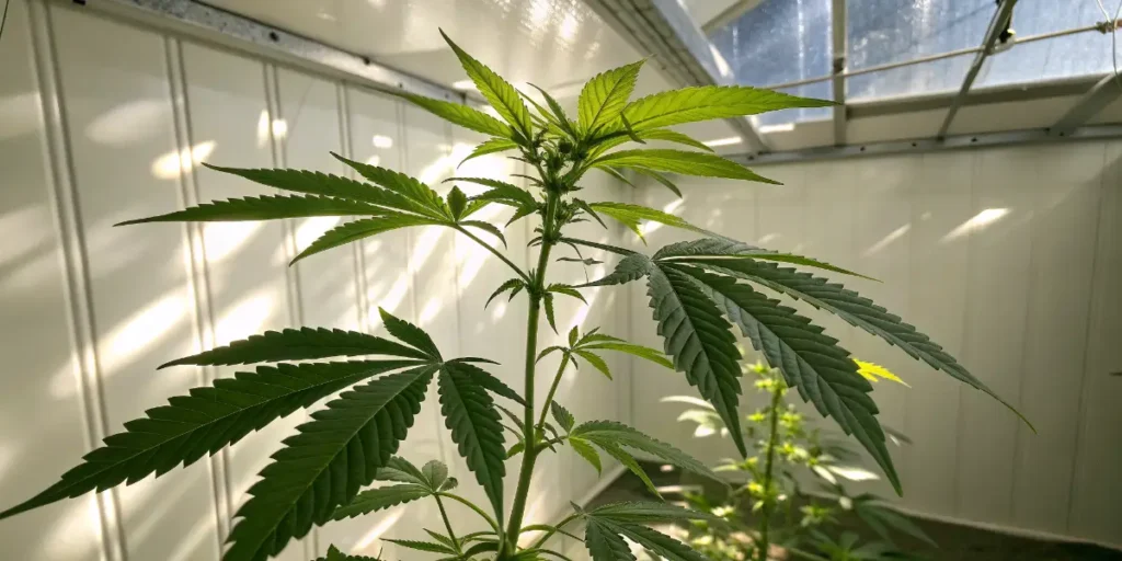 Young Sour Diesel plant in vegetative stage growing under natural and artificial light