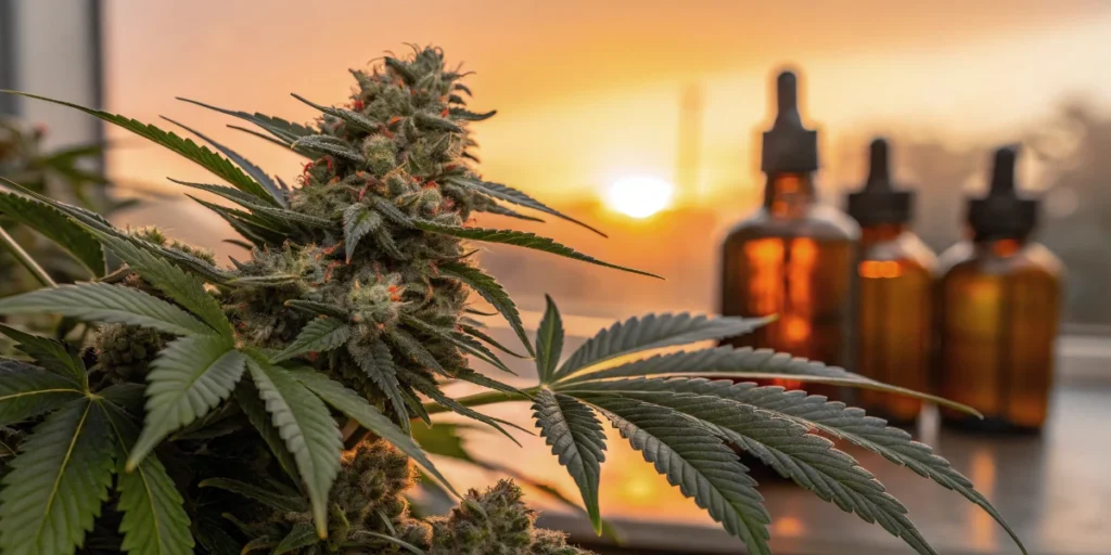 Sour Kush Auto flowering bud with trichomes and orange pistils at sunset indoors
