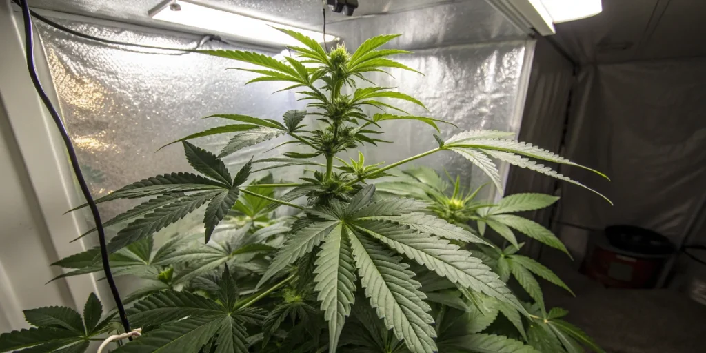 Sour Kush Auto plant in vegetative stage growing inside a reflective indoor tent