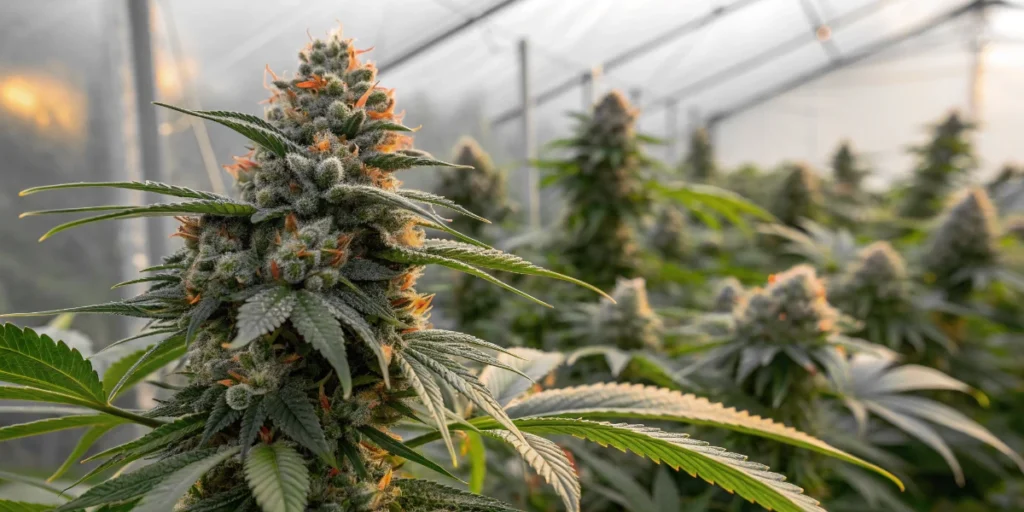 Speedy Boom Auto cannabis plant flowering outdoors at sunset with dense resin-covered buds