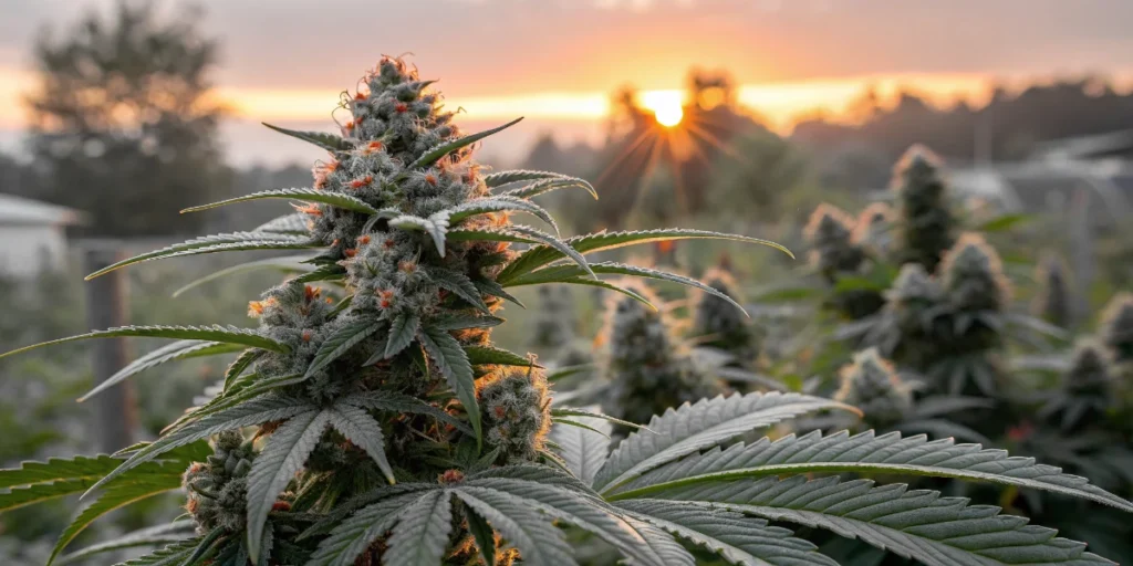 Speedy Boom Auto cannabis buds growing in greenhouse with strong structure and visible trichomes