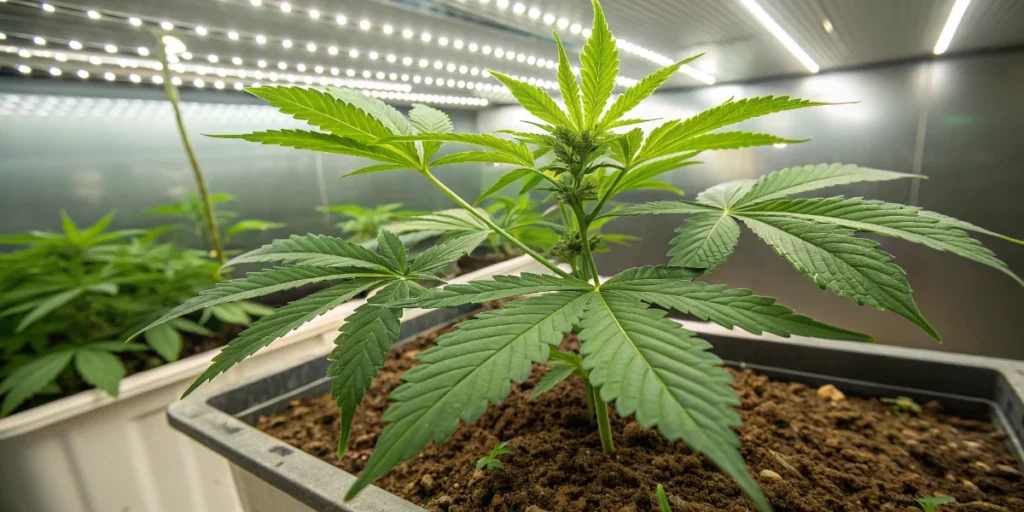 Speedy Boom Auto cannabis plant in vegetative stage under LED lights indoors