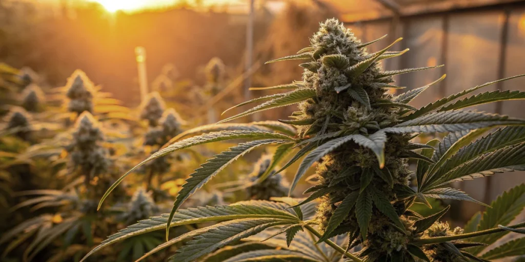 Steve’s Alien OG cannabis buds growing in greenhouse at sunset with rich trichome coverage