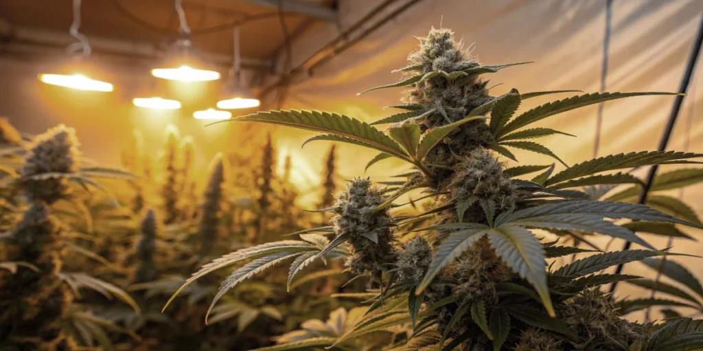 Steve’s Alien OG cannabis plant growing indoors with strong canopy under LED grow lights