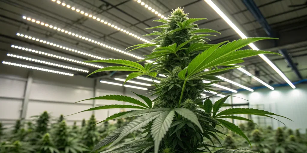 Steve’s Alien OG cannabis plant in vegetative stage under LED lights in indoor facility