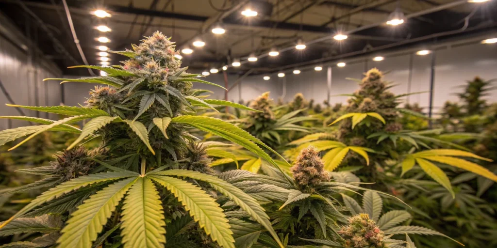 Steve’s Dream Queen cannabis plants flowering indoors with dense buds under grow lights