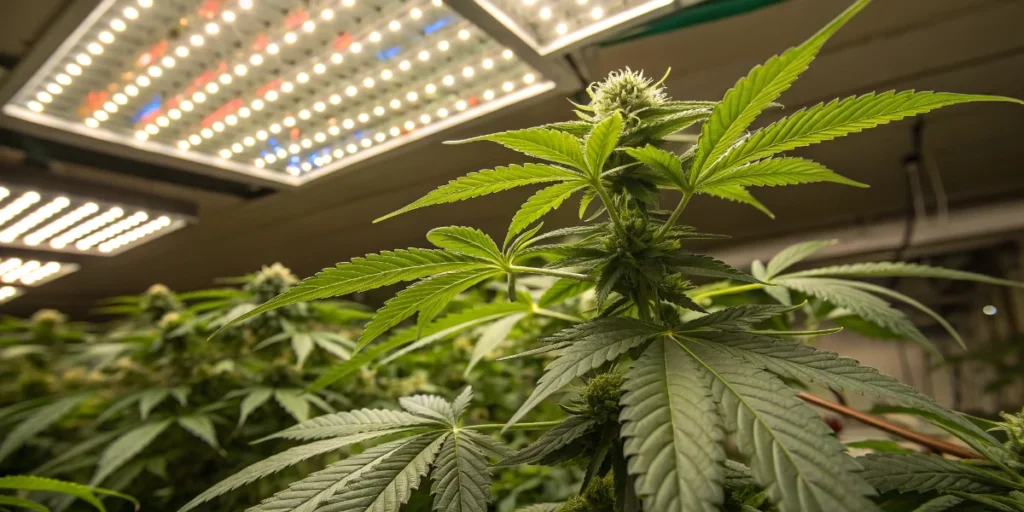 Steve’s Dream Queen cannabis plant in vegetative stage under LED grow lights indoors