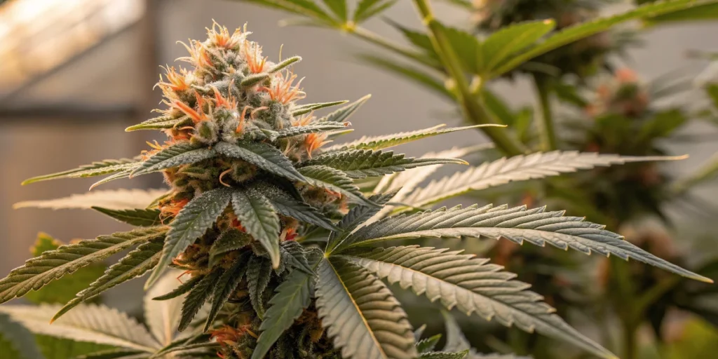 Sticky Orange XXL Auto cannabis bud close-up with orange pistils and dense trichomes