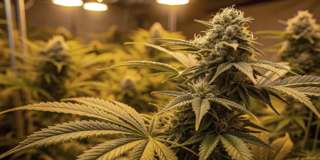 Stoned Panda cannabis canopy growing indoors under bright commercial LED lighting