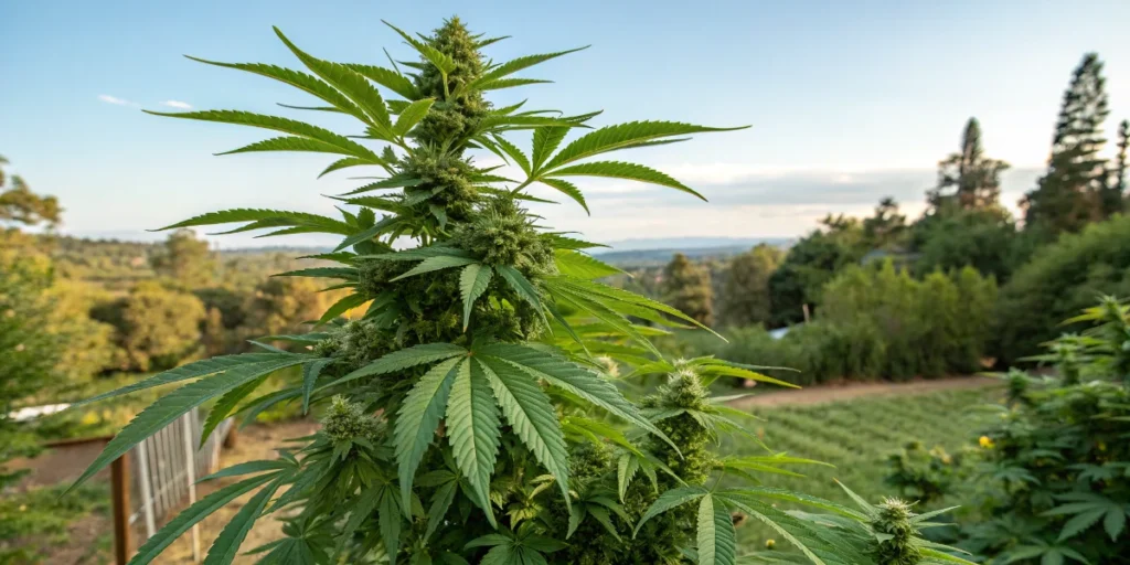Strawberry Banana Auto cannabis plant growing outdoors with dense buds