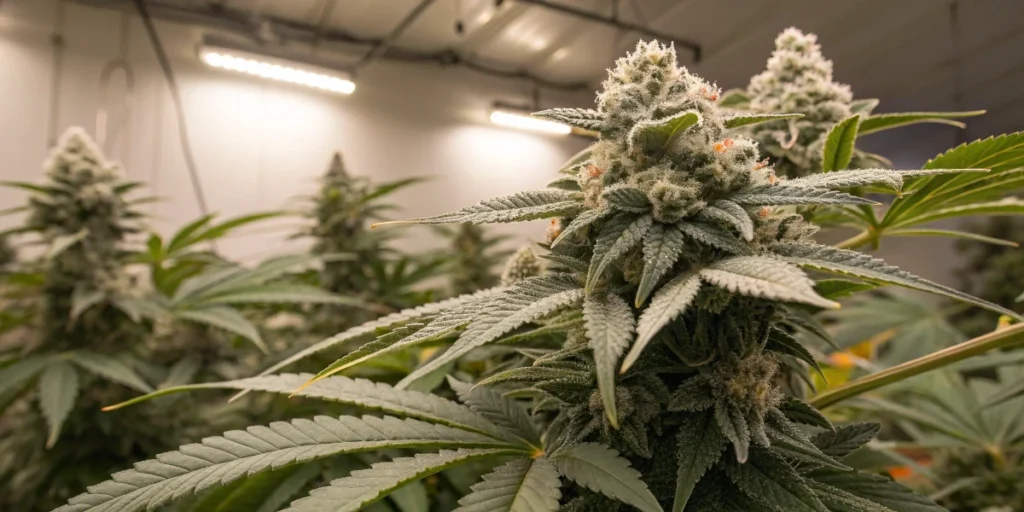 Strawberry Cough Auto buds under LED grow lights