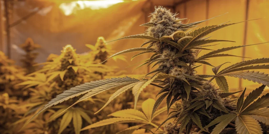 Strawberry Cough plant in vegetative stage under LED lights