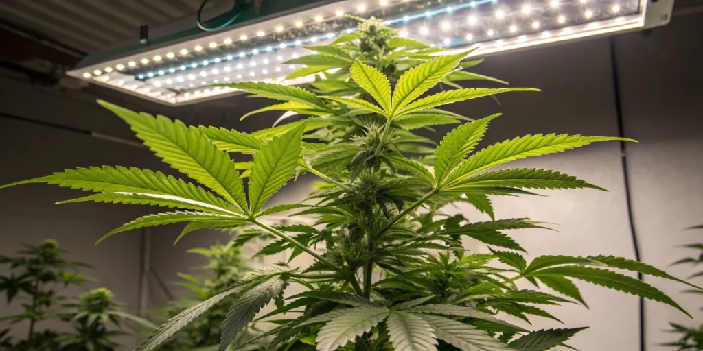 Strawberry Cough cannabis plant flowering outdoors at sunset