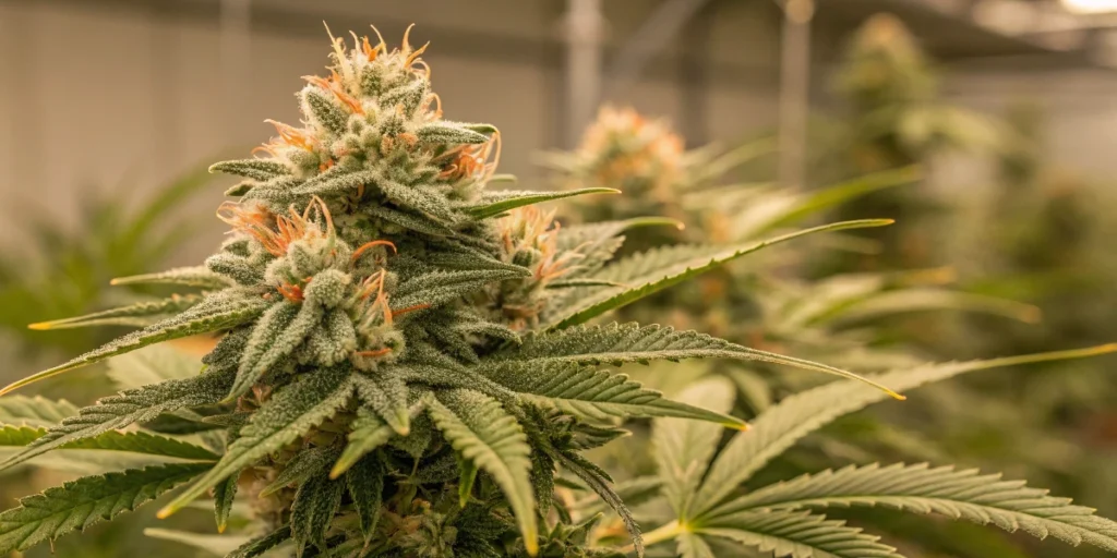 Strawberry Lemonade strain flowering indoors under LED lights