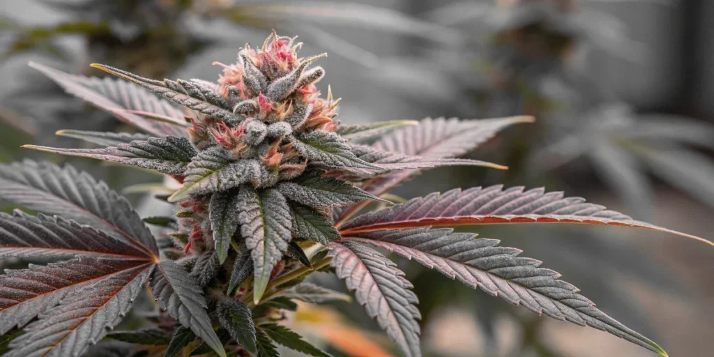 Strawberry Pie Auto cannabis buds with purple hues and dense trichomes