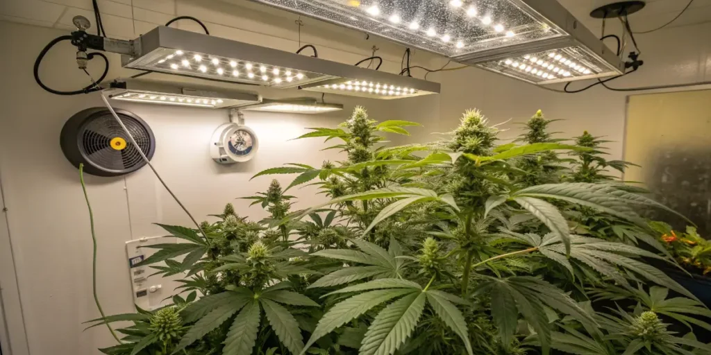 Indoor grow room showcasing strongest mint cannabis strains under LED lighting