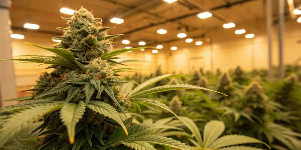 Greenhouse-grown cannabis plant exhibiting optimal leaf coloration and no nutrient stress.