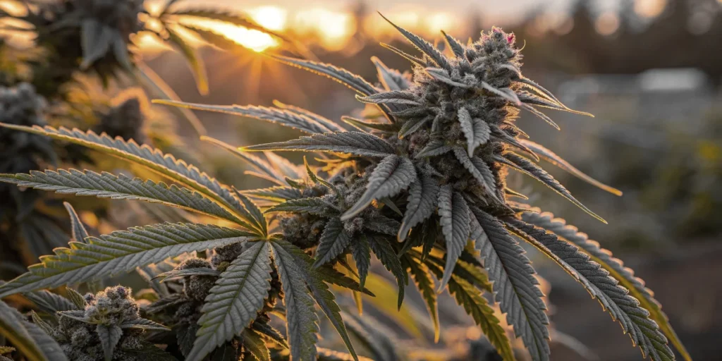 Super OG Kush flowering outdoors with dense buds at sunset