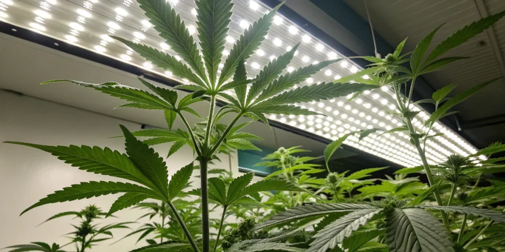 Super Skunk plant in vegetative stage under LED lighting