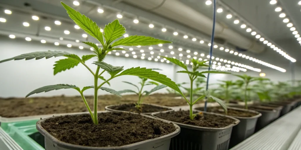 Sweet Cherry Kush cannabis seedlings under LED lights in early growth stage