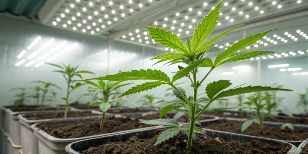 Row of Sweet Cherry Kush seedlings growing in pots under controlled indoor lighting