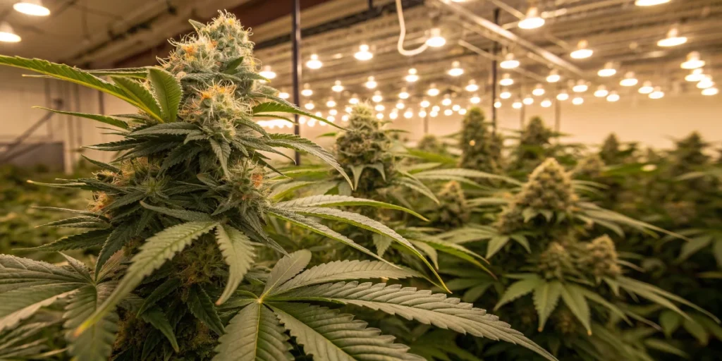 Indoor grow room filled with Sweety Auto cannabis plants in flowering stage