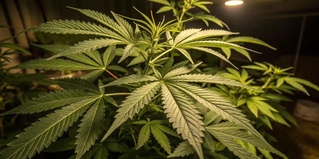 Close-up of Sweety Auto cannabis leaves during vegetative stage