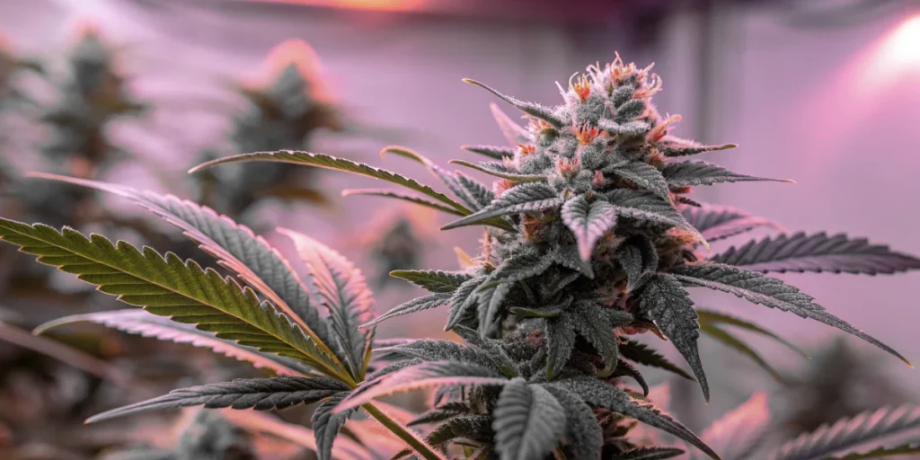 Tangerine Sugar cannabis buds under LED lights showing trichomes and pistils