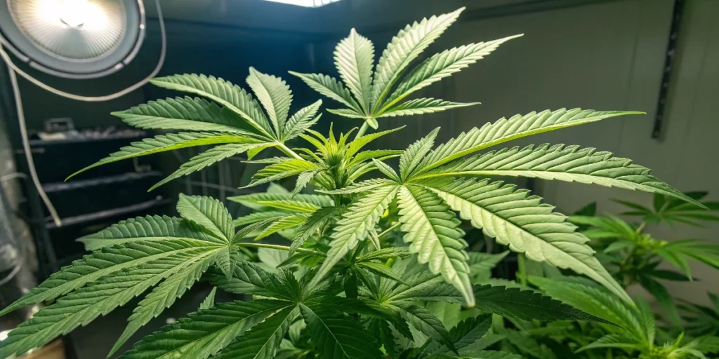 Tangerine Sugar cannabis plant growing indoors during vegetative stage under artificial lighting