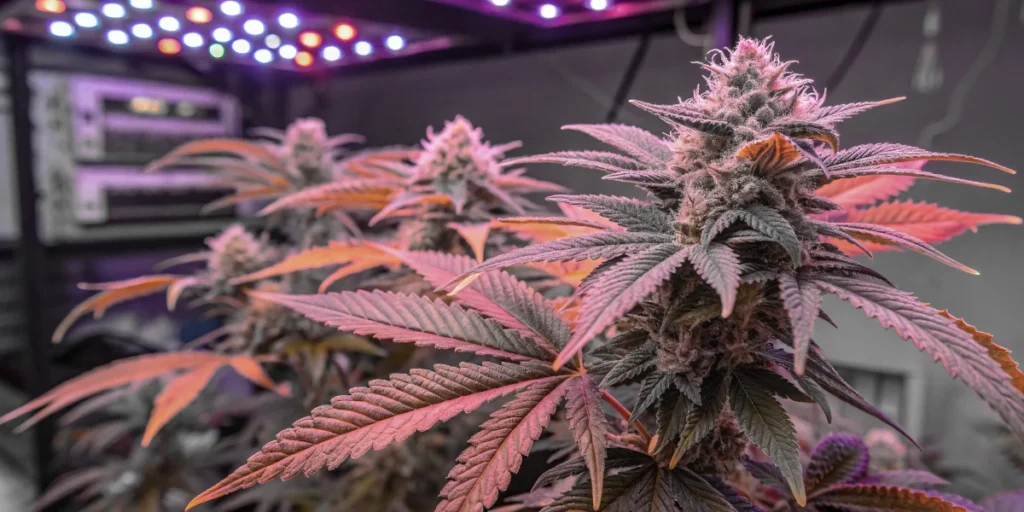 Tangie Auto cannabis buds under LED lights with visible trichomes and orange pistils