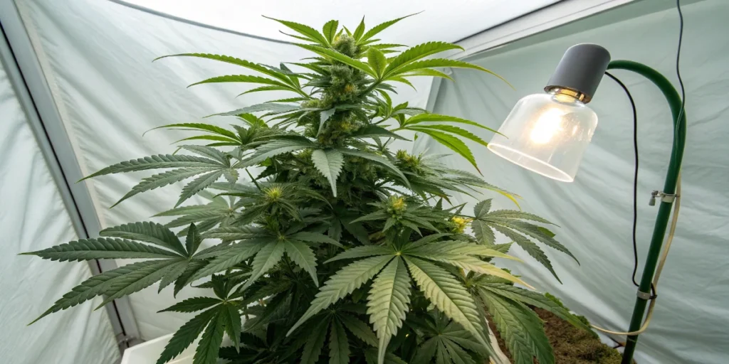 Tangie Auto cannabis plant growing indoors during vegetative stage under artificial lighting