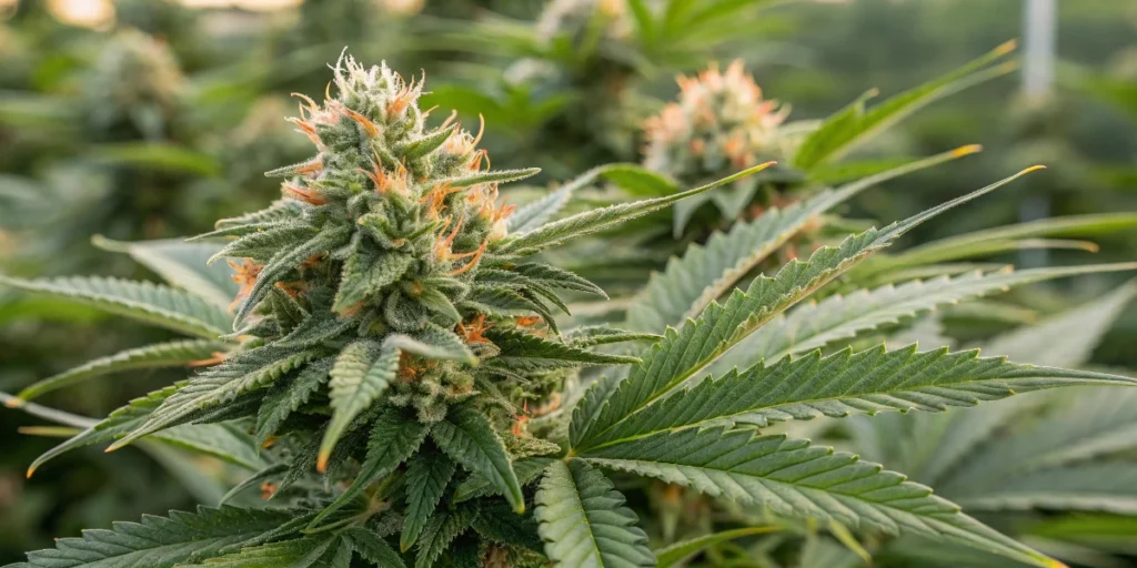 Tezla OG cannabis cola with visible trichomes and pistils in late flowering